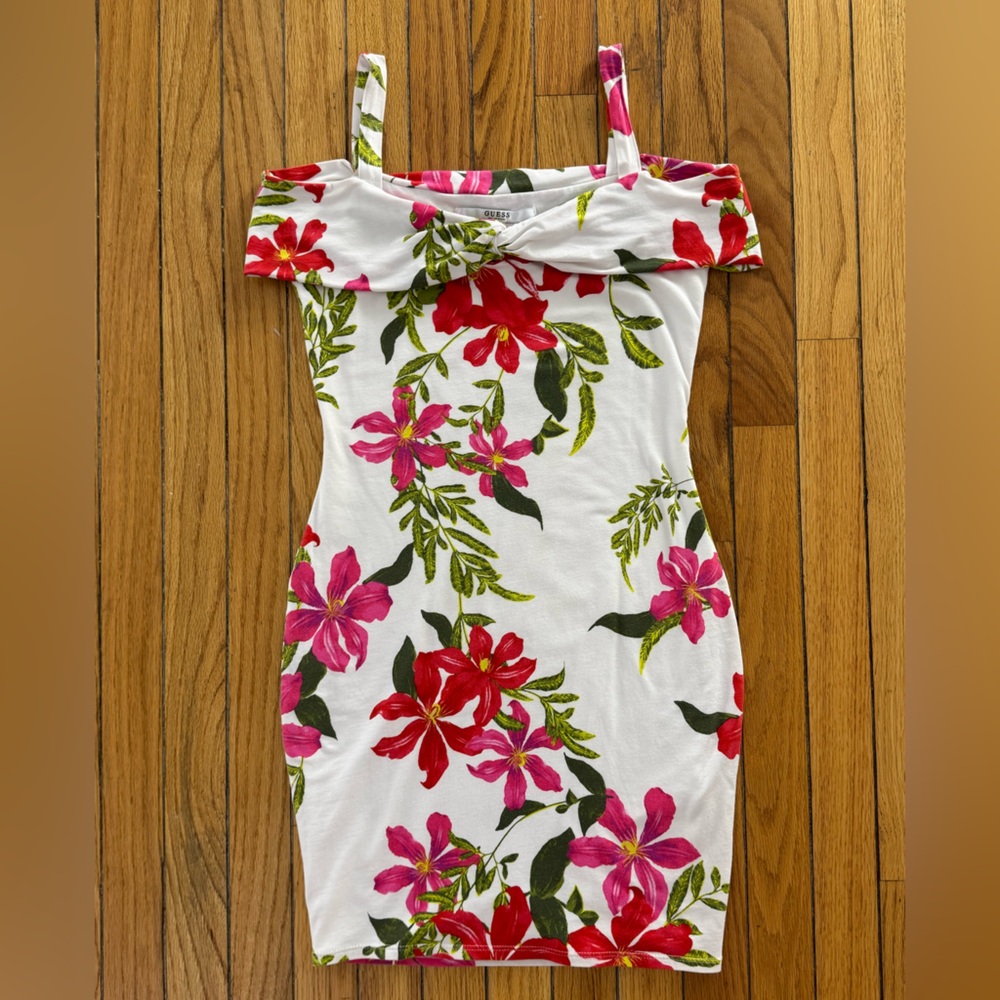 Guess White and Pink Floral Off-Shoulder Dress